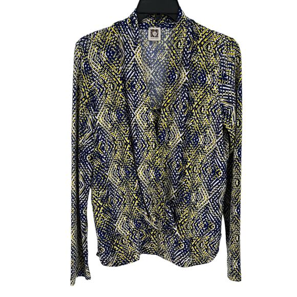Anne Klein Layered Look Drape Front Shirt Womens Size Medium Blue Yellow - Picture 1 of 6